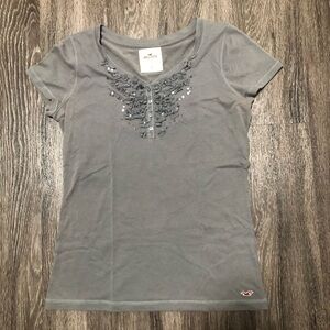 Hollister Gray Sequin & Ruffle V-Neck T-shirt